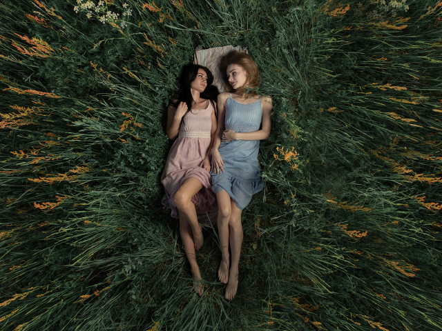 Две девушки лежат в высокой траве
