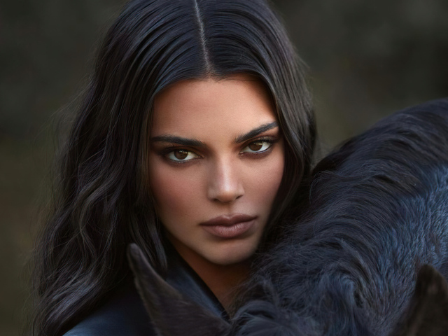 Длинноволосая девушка модель Кендалл Дженнер с конем