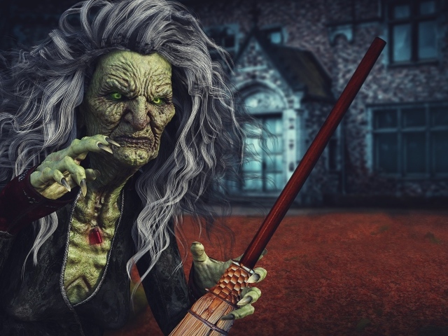 Старая ведьма с метлой на праздник Хэллоуин