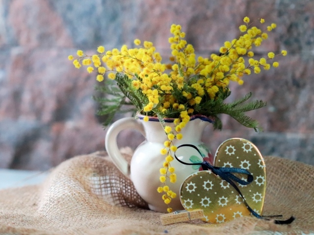 Желтые цветы мимозы и сердце для любимой на 8 марта
