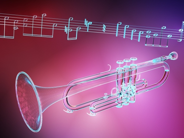 Труба и ноты на розовом фоне