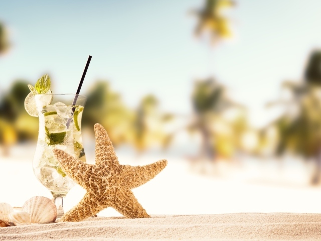 Морская звезда и бокал мохито на песке летом