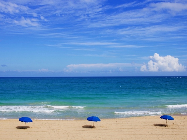 Зонтики на пляже у океана под голубым небом летом