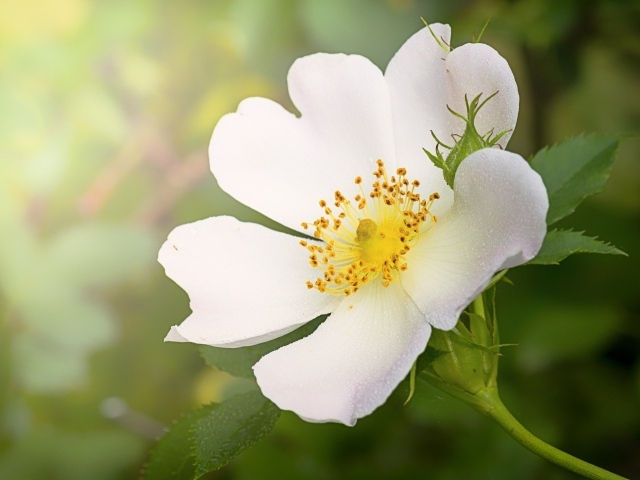 Нежный кремовый цветок шиповника с бутоном