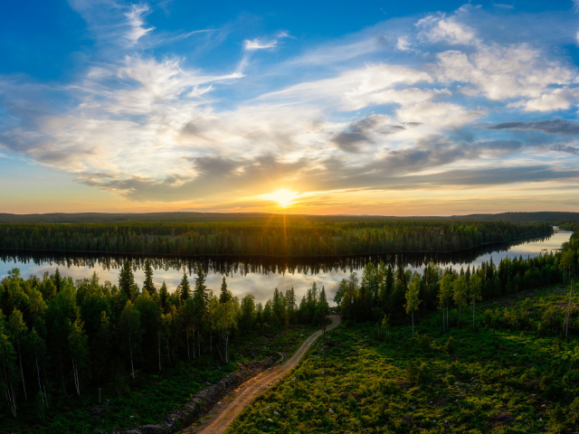 Рассвет яркого солнца над зеленым лесом и рекой