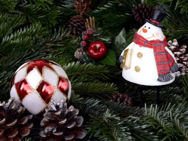 Снеговик и шар на ветках ели на Новый год