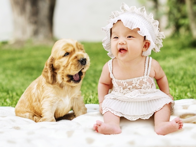 Маленькая девочка с щенком на поляне