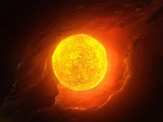 Яркое огненное солнце в космосе