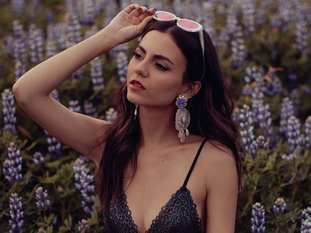 Актриса Виктория Джастис на поле с цветами