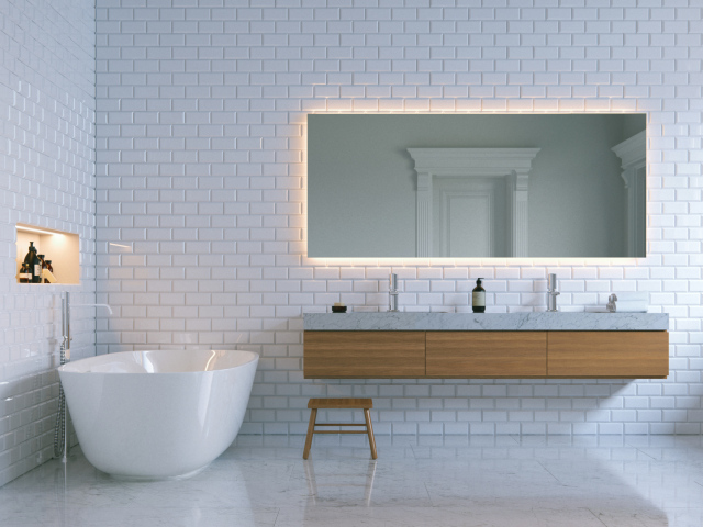 Ванная комната с белыми кирпичными стенами