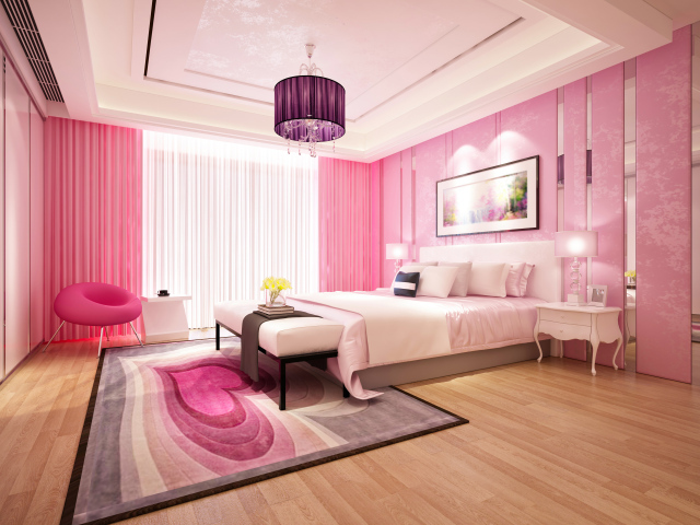 Красивая спальня с розовыми стенами