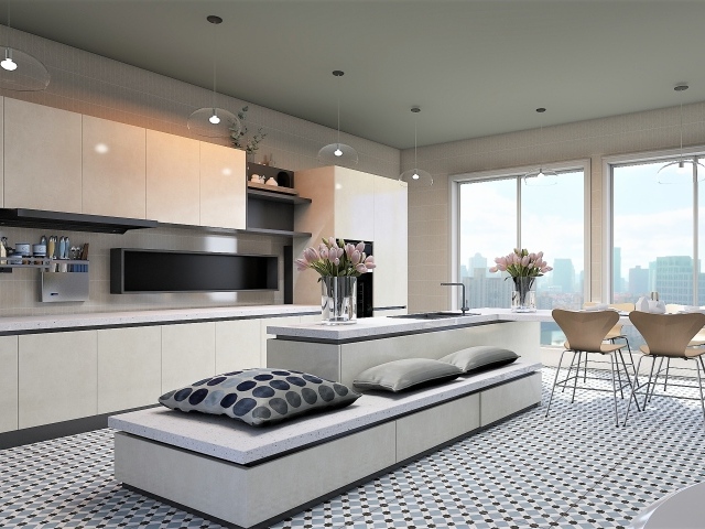 Красивая просторная кухня в сером цвете 