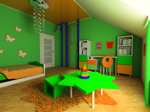 Детская комната с зелеными стенами и мебелью 