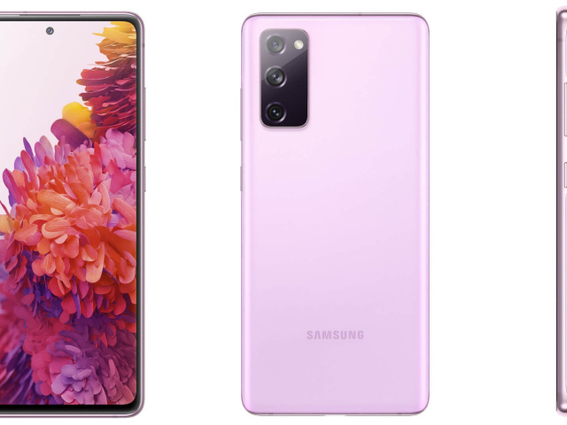 Новый розовый смартфон Samsung Galaxy S20FE на белом фоне