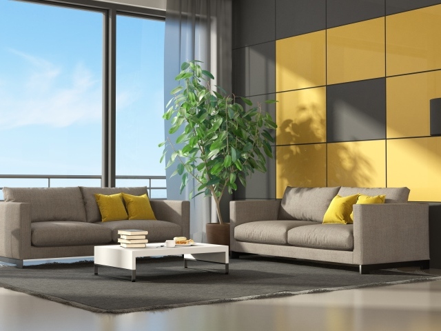 Квадраты на стене в комнате с большим окном