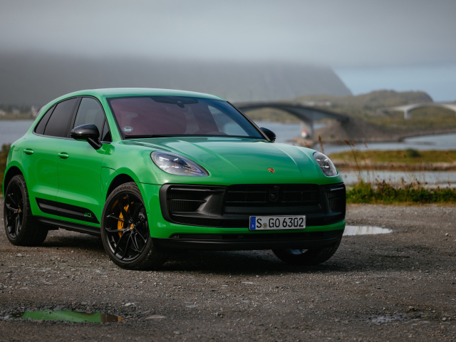 Зеленый автомобиль  Porsche Macan GTS Sport Package 2021 года на фоне моста