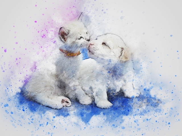Нарисованные котенок и щенок на сером фоне