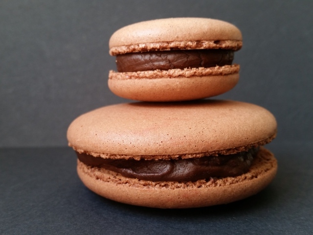 Большое  и маленькое печенье макарун на сером фоне 