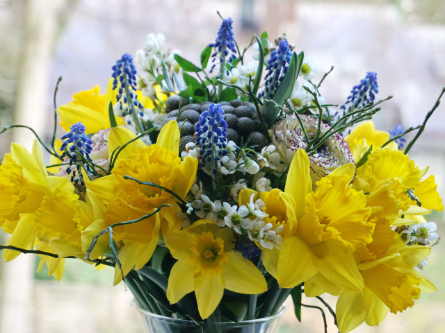 Букет желтых нарциссов с другими цветами в вазе