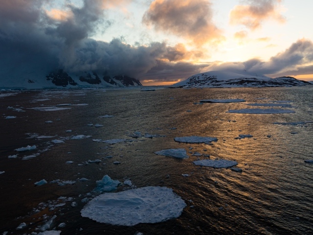Льдины в воде у покрытых снегом гор в тумане