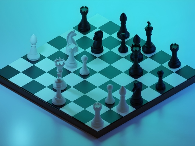 Шахматы 3д на доске на голубом фоне