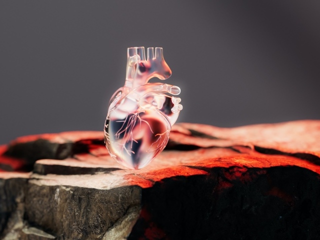 Стеклянное 3д сердце на камне