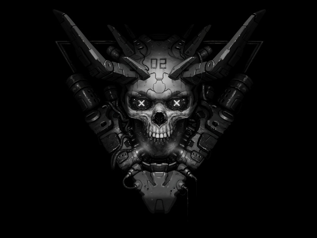 Металлический череп с рогами на черном фоне