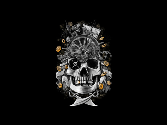 Пиратский череп с монетами на черном фоне
