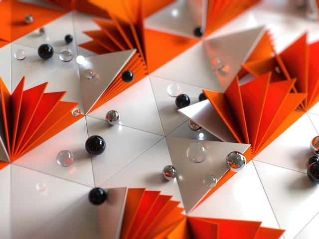 Белые и оранжевые треугольники с шариками 3д графика