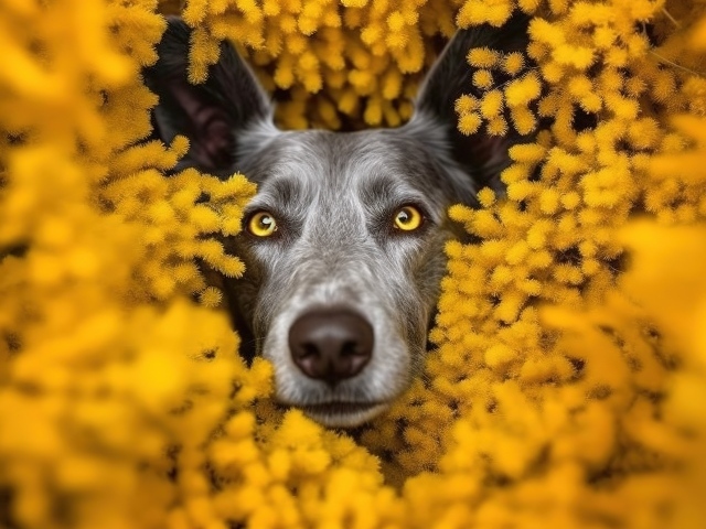 Черная собака в желтых цветах мимозы