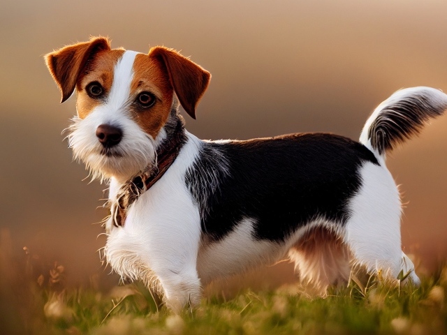 Смешная собака стоит на траве