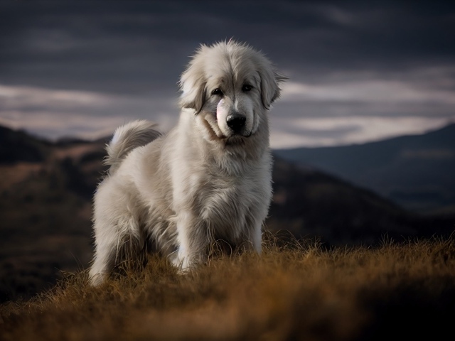 Пиренейская горная собака стоит на траве