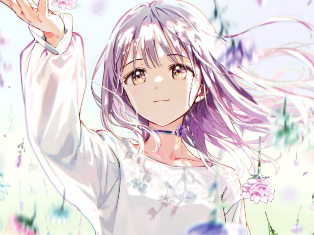 Девушка аниме ловит падающие цветы