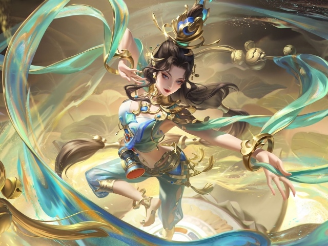 Девушка аниме танцует с голубыми лентами