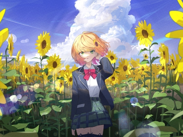 Девушка аниме на поле с подсолнухами