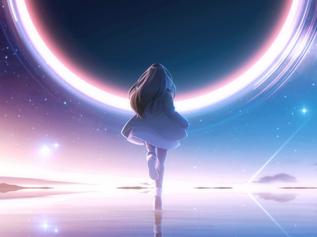 Девушка аниме бежит к яркому кругу в небе