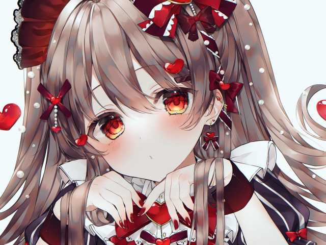 Девушка аниме с красными сердечками