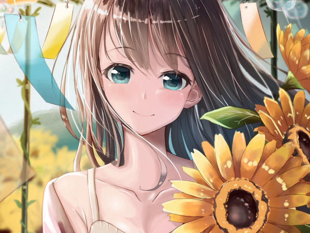 Улыбающаяся девушка аниме с цветами подсолнуха
