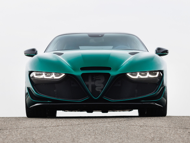 Зеленый автомобиль Alfa Romeo Giulia SWB Zagato 2022 вид спереди