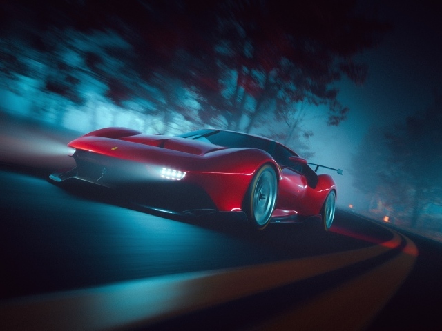 Красный автомобиль Ferrari P80C ночью на трассе