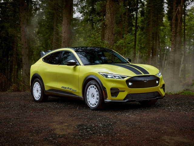 Автомобиль Ford Mustang Mach-E Rally 2024 года в лесу