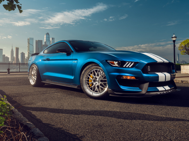 Синий автомобиль Ford Shelby Mustang GT350 в городе