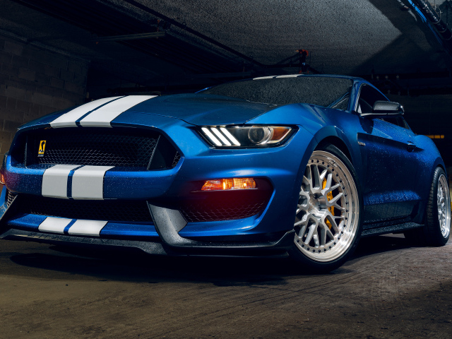 Мокрый синий автомобиль форд мустанг Shelby GT350