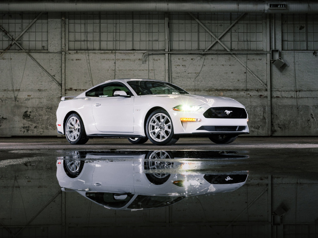 Белый Ford Mustang GT, 2022 года у воды