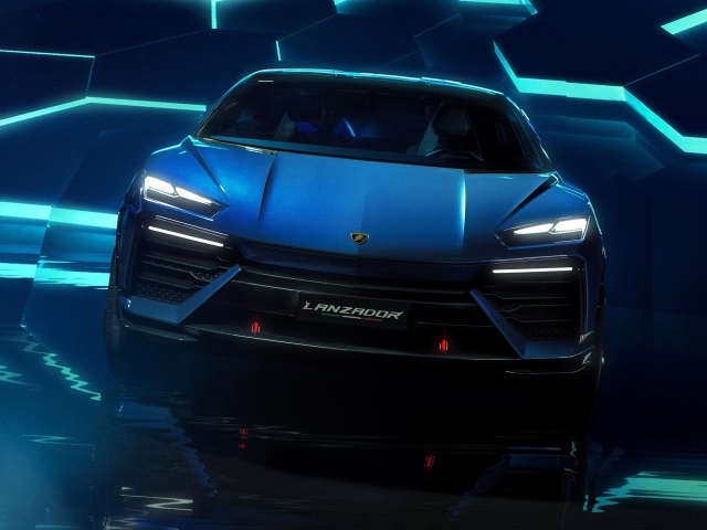 Красивый синий автомобиль Lamborghini Lanzador Concept EV вид спереди