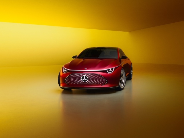 Красный автомобиль Mercedes-Benz Concept CLA Class 2024 года