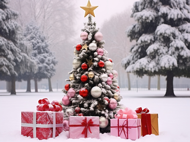 Красивая рождественская ель с подарками на снегу