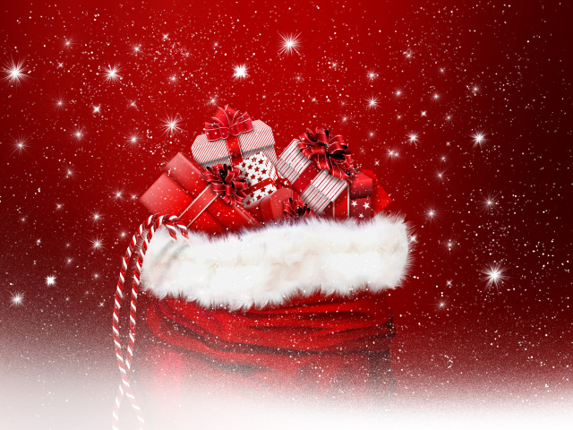 Мешок с подарками на Рождество на красном фоне