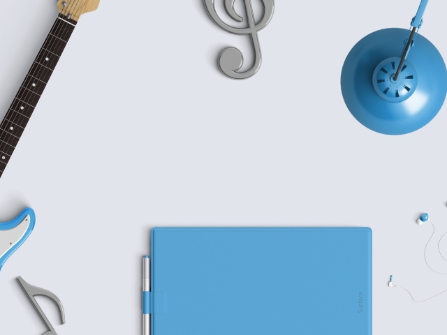 Гитара, планшет и ноты на сером фоне