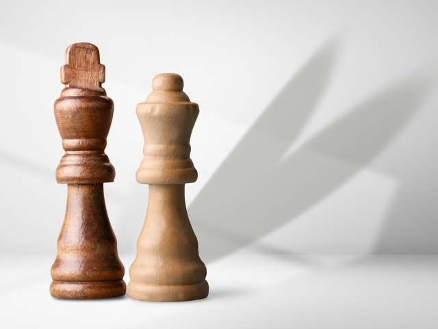 Две деревянные шахматные фигуры на сером фоне